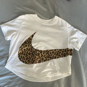 Cropped White Nike Shirt with a Cheetah Nike Symbol